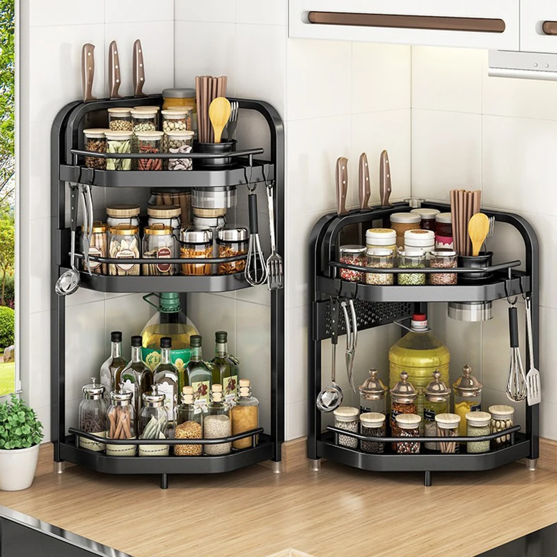 

2/3-Tier Kitchen Spice Rack Countertop Organizer Spice Corner Shelf Cabinet Storage Rack with Hook Holder for Kitchen Organizer
