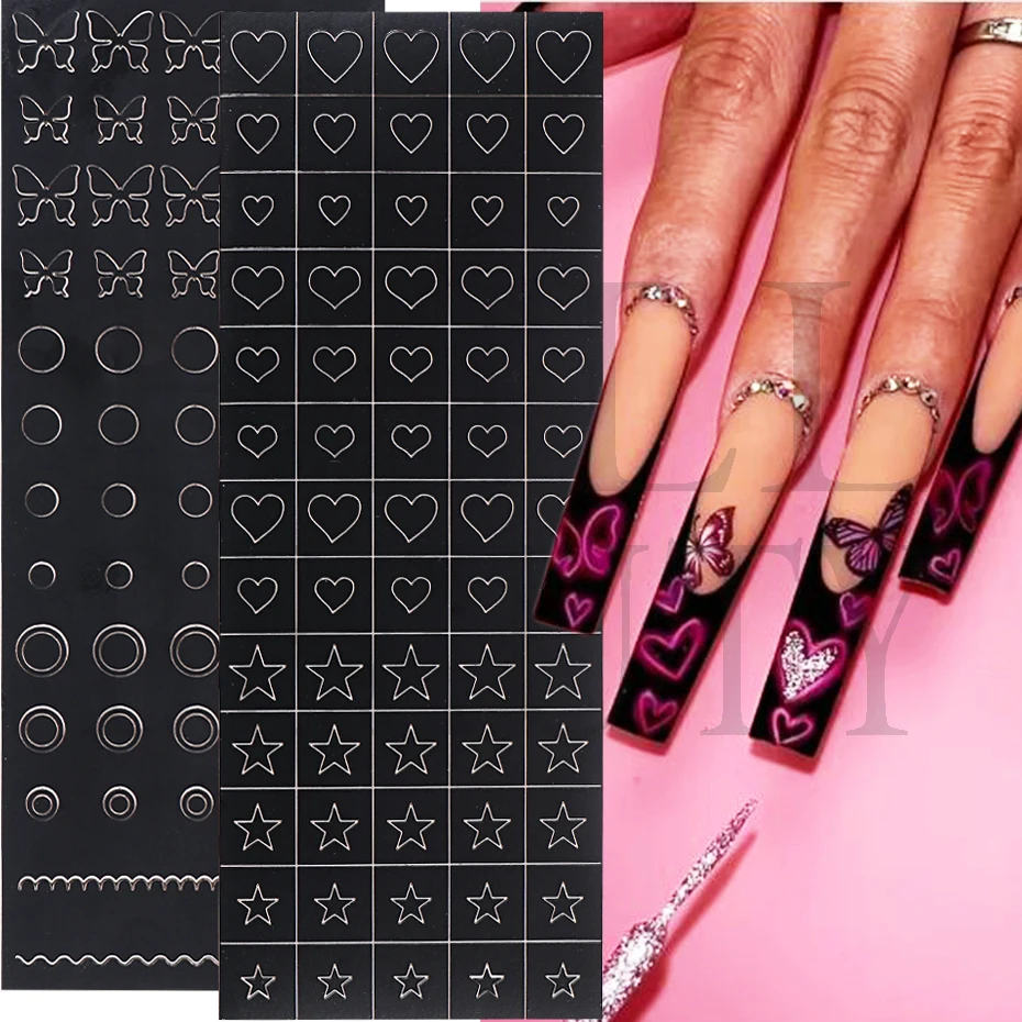 Airbrush Stencil 3D Nail Sticker French Smile Petals Leaf Nail Art Decoration Self-Adhesive Hollow Slider Reusable Tattoo LENLK