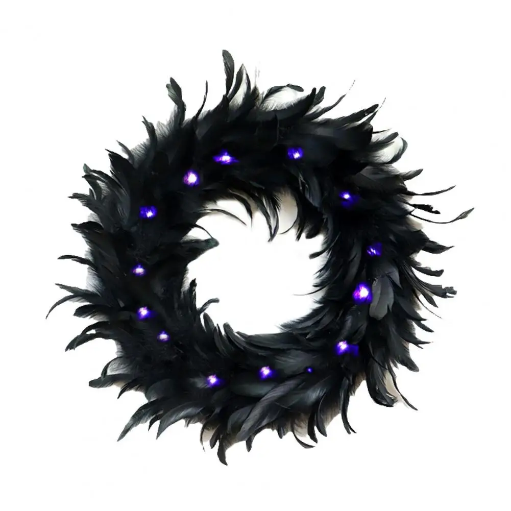 

Halloween Wreath LED Crow Feather With Light Decorative Feathered Wreath Spooky Scene Party Decor Halloween Supplies