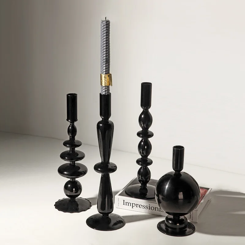 

Black Romantic Glass Candlestick Nordic Glass Candle holder candelabros Bar Desktop wedding decoration porta velas