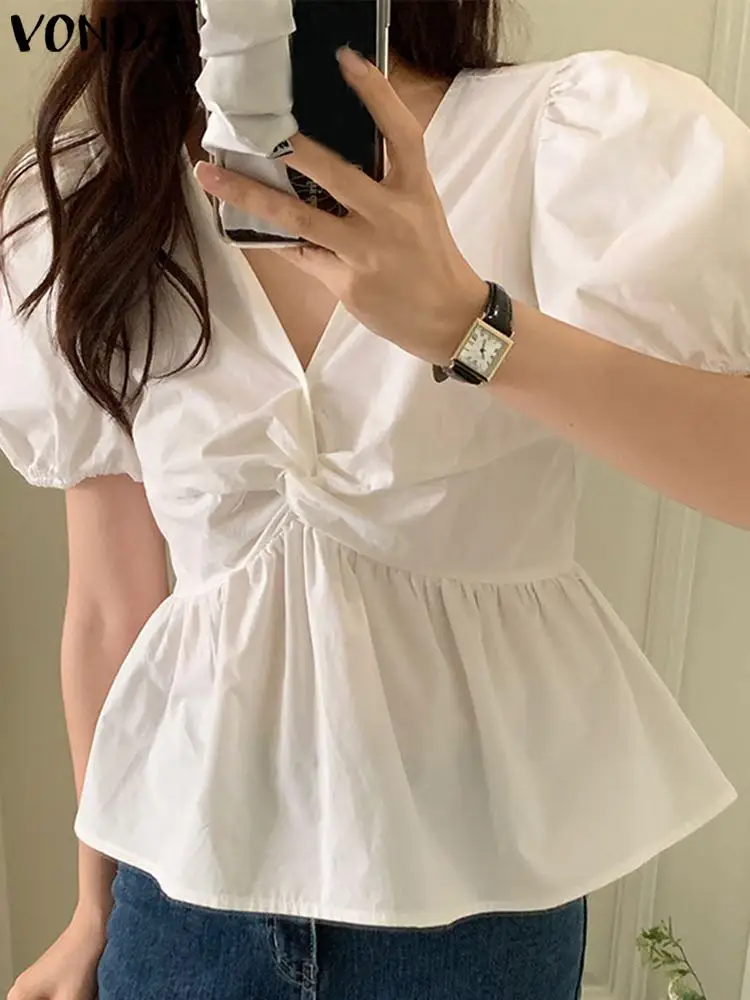 

VONDA Fashion Blouse Women 2023 Summer Shirts Elegant Office Puff Sleeve Sexy V Neck Tops Casual Short Sleeve Blusas Femininas
