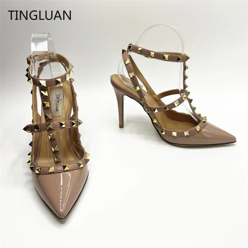 2022 Summer Woman Sandals High Heels Sexy Rivets Shoes Genuine Leather Sandals 6cm 8cm 10cm Wedding Shoes 35-44 No Box