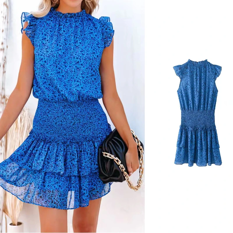 

2022 New Women Stand Collar Sleeveless Waist Thin Dress High Waist Layered Ruffle Mini Skirt Fashion Street Style
