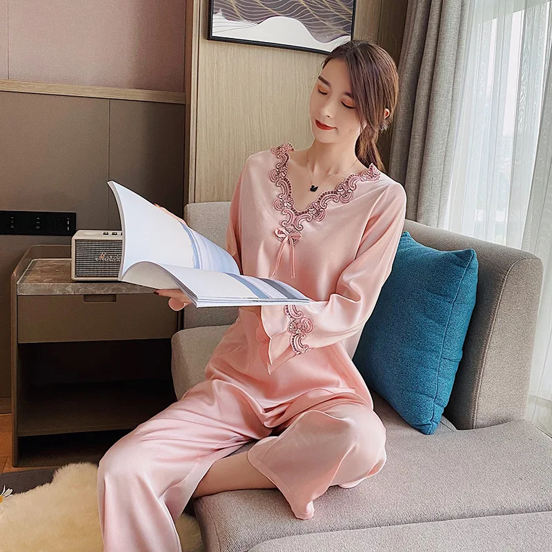 Women's Silk Pajamas 2pcs Homewear Suit Summer Trumpet Long Sleeve V-neck Tops Loose Sleepwear Trousers Pajamas for Women Pjs