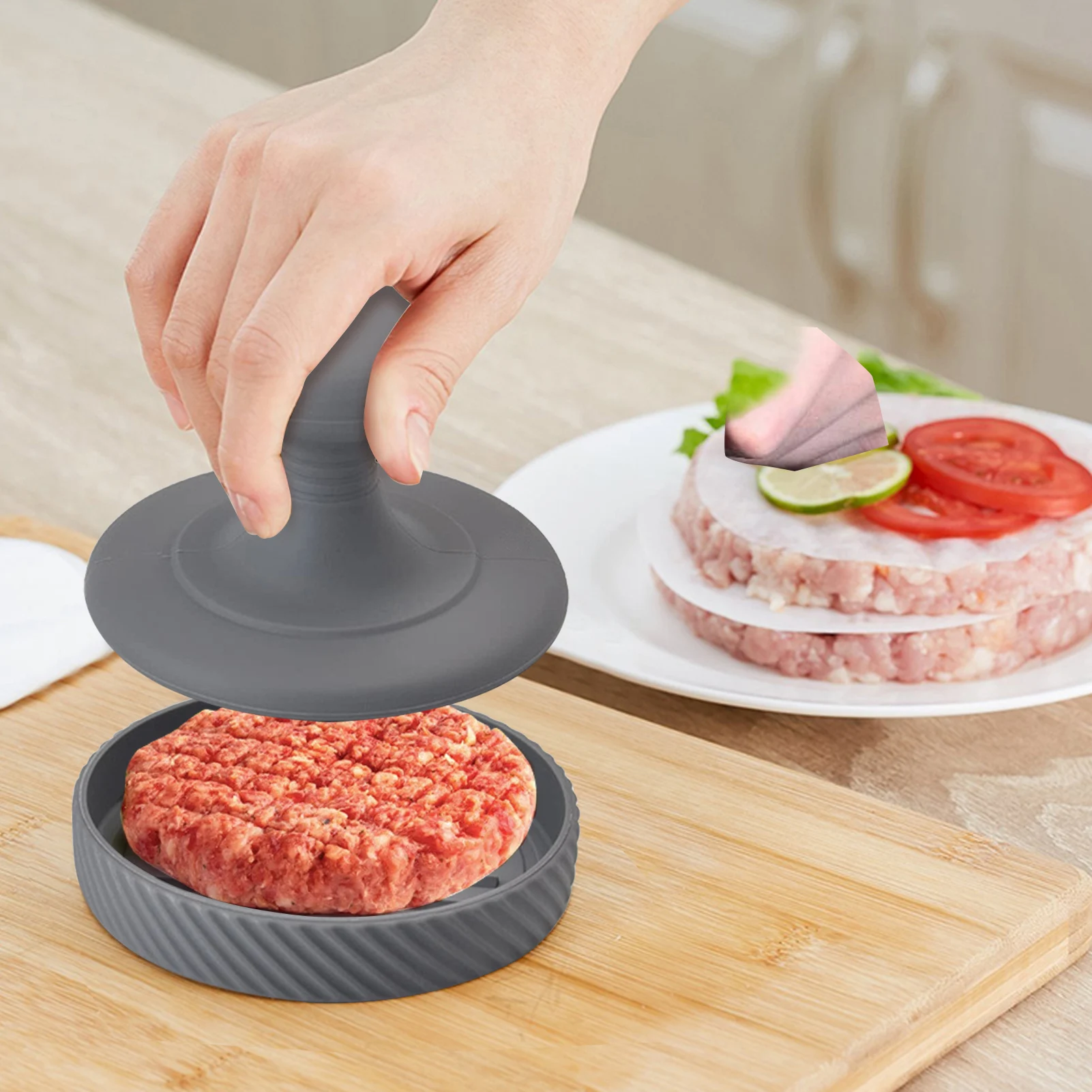 

Silicone Burger Presser Round BBQ Burger Press Patty Maker With Vertical Grooves Oval Handle Hamburger Press Patty Presser