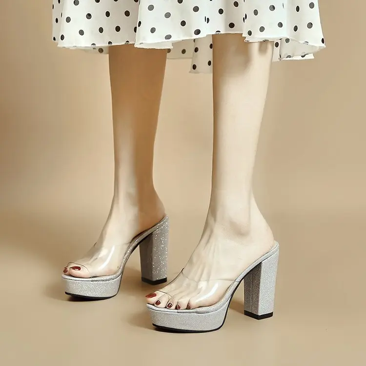 

Женские шлепанцы на платформе из ПВХ, сандалии на высоком каблуке, пикантная обувь, туфли-лодочки, сланцы, Повседневные тапочки для вечеринк...