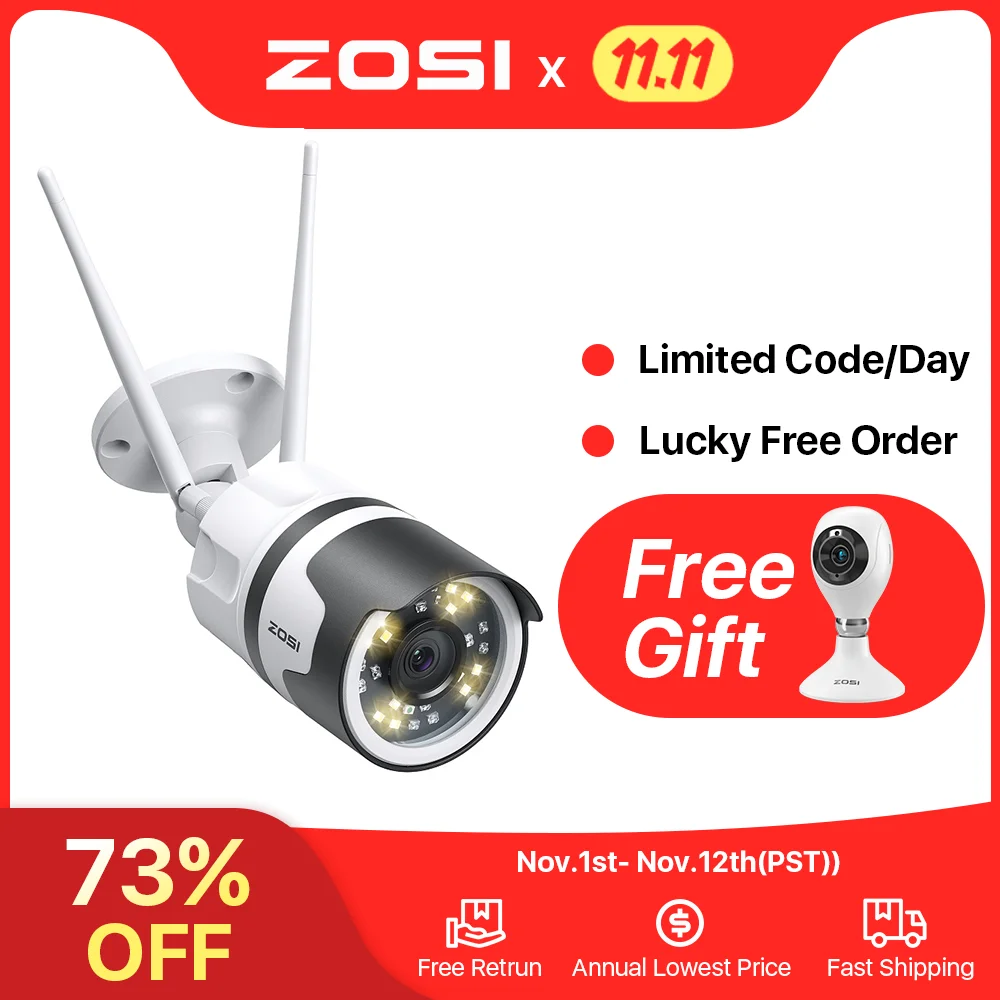 

ZOSI 1080p 2MP Spotlight Outdoor WiFi Camera H.265 Waterproof AI Human Detection Color Night vision 2-Way Audio Wireless IP Cam