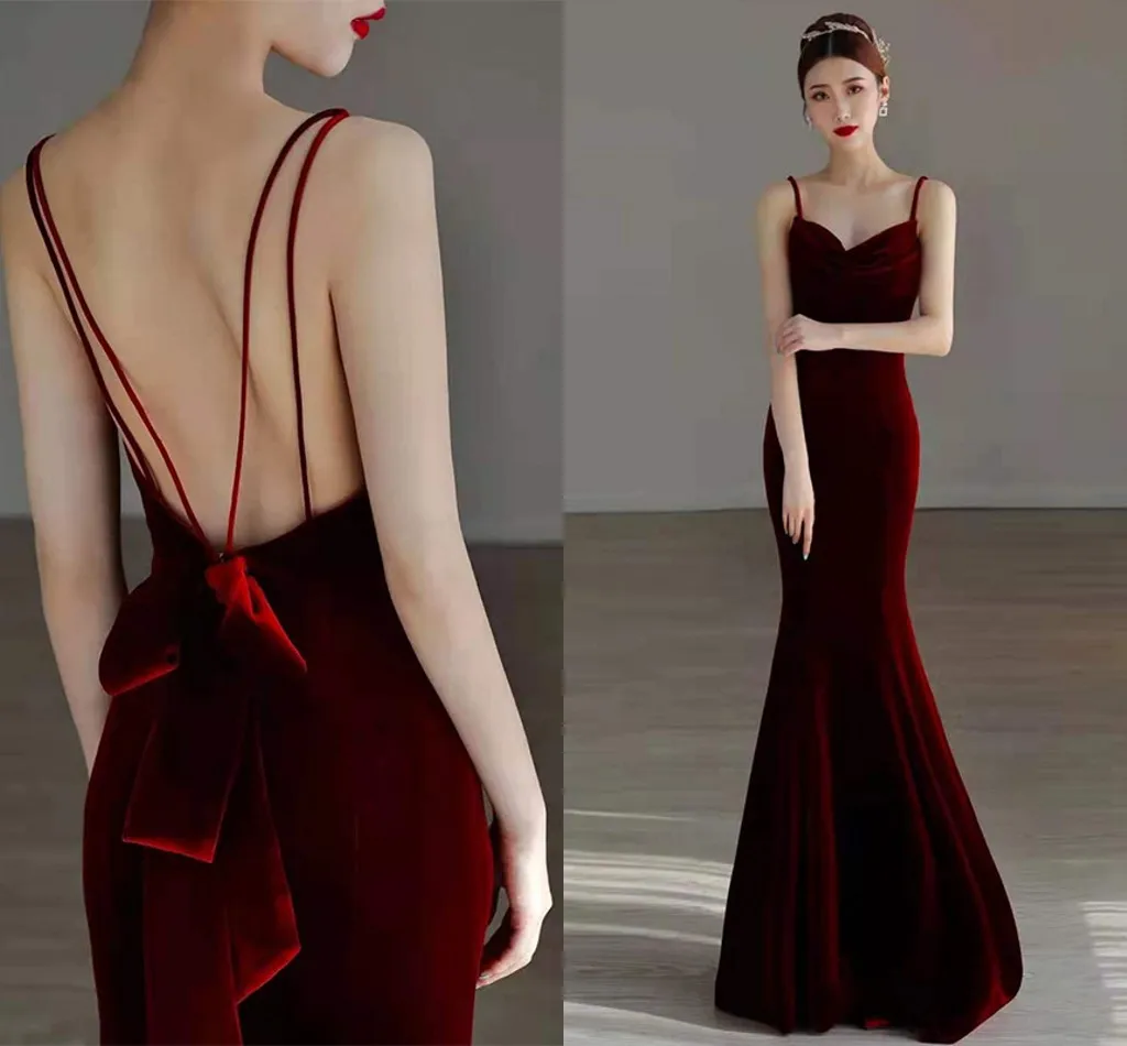

Женское вечернее платье-русалка, темно-красное бархатное платье с V-образным вырезом и открытой спиной, платье для выпусквечерние вечера, 2022