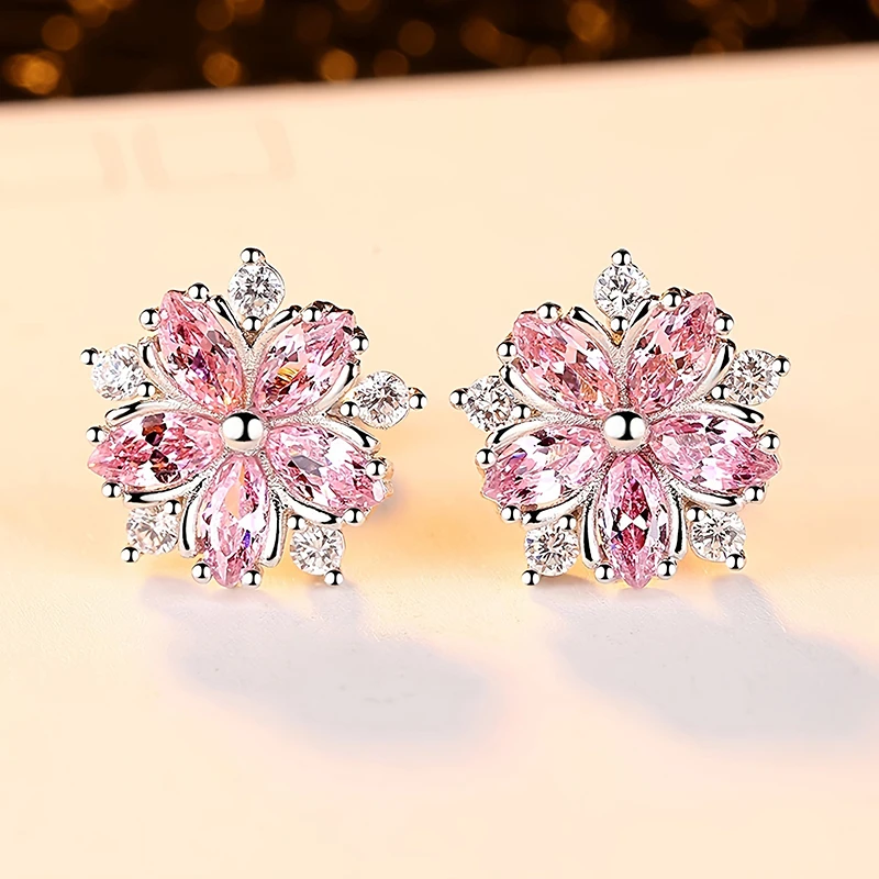 

New Sweet Romantic Pink Zircon Cherry Blossom Earrings Cute Girls Women's Jewelry