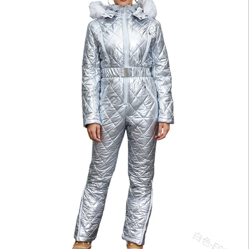 Women Onesie Skiing Jackets Parka One Piece Ski Suit Winter Outerwear Fur Collar Trim Hooded Snowsuit Long Sleeve Ski Jumpsuit