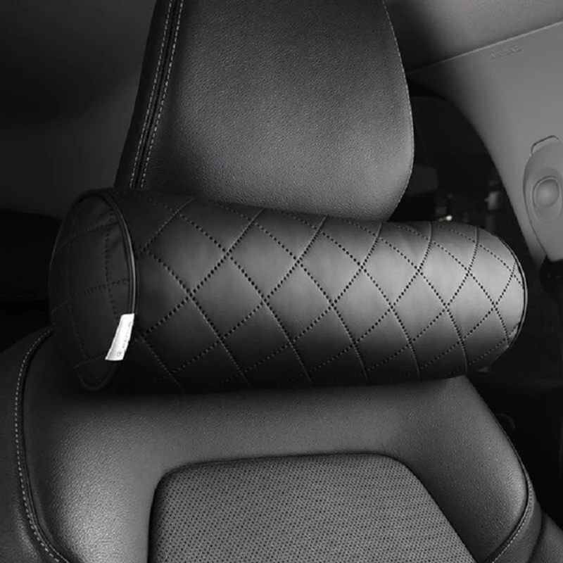 

Memory Foam Car Neck Pillow/Genuine Leather Auto Cervical Round Roll Office Chair Bolster Headrest Supports Cushion Pad