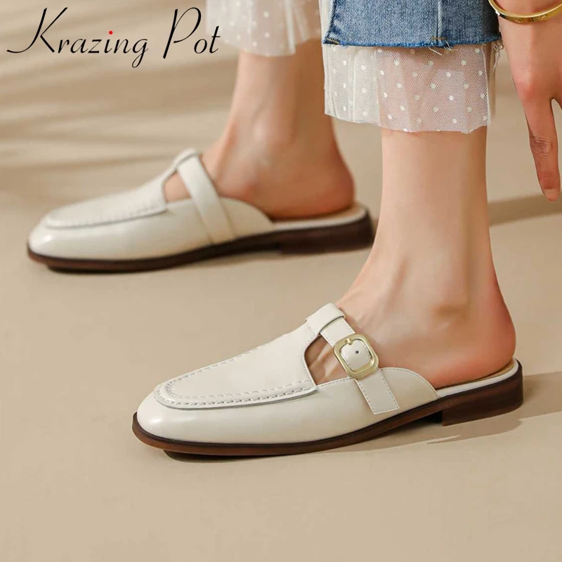 

Krazing Pot Natural Leather Round Toe Low Heel Mules Metal Buckle Decoration Fashion Solid Elegant Women Outside Slippers L54