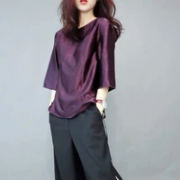 elegant o neck solid color 34 sleeve oversized satin blouse 2022 spring and summer new casual tops loose office lady shirt