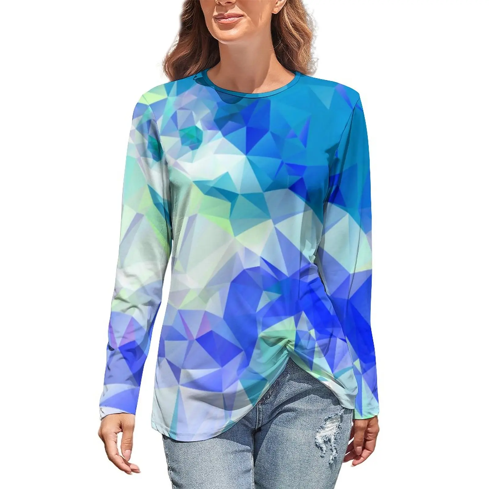 

Футболка с абстрактным геометрическим принтом, Модный Цветной топ с треугольным принтом в стиле модерн, уличная одежда с длинным рукавом, б...