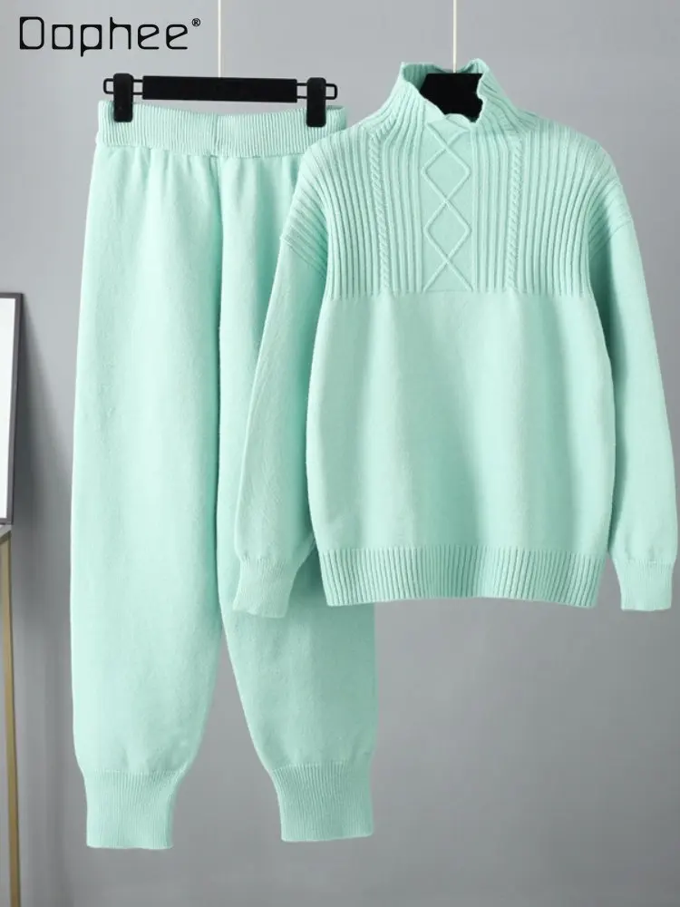 

Half Turtleneck Casual Loose Sweater Set for Women Autumn and Winter New Soft Glutinous Knitted Top and Trousers Suit for Ladies