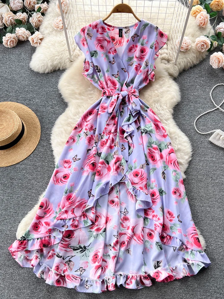 

YuooMuoo, модное длинное летнее платье для отпуска с цветочным принтом, элегантное пляжное платье с поясом, вечерние платья