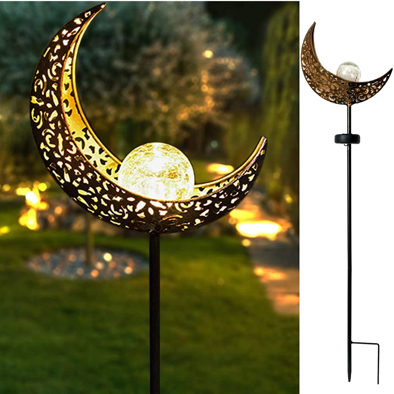 

Garden Solar Lights Pathway Outdoor Moon Crackle Glass Globe Stake Metal Lights,Waterproof Warm White LED For Lawn Courtyard