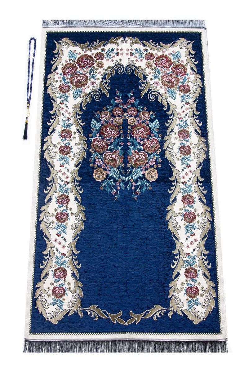 

IQRAH Luxury Gülce Chenille Prayer Mat Navy Blue Rosary Gift