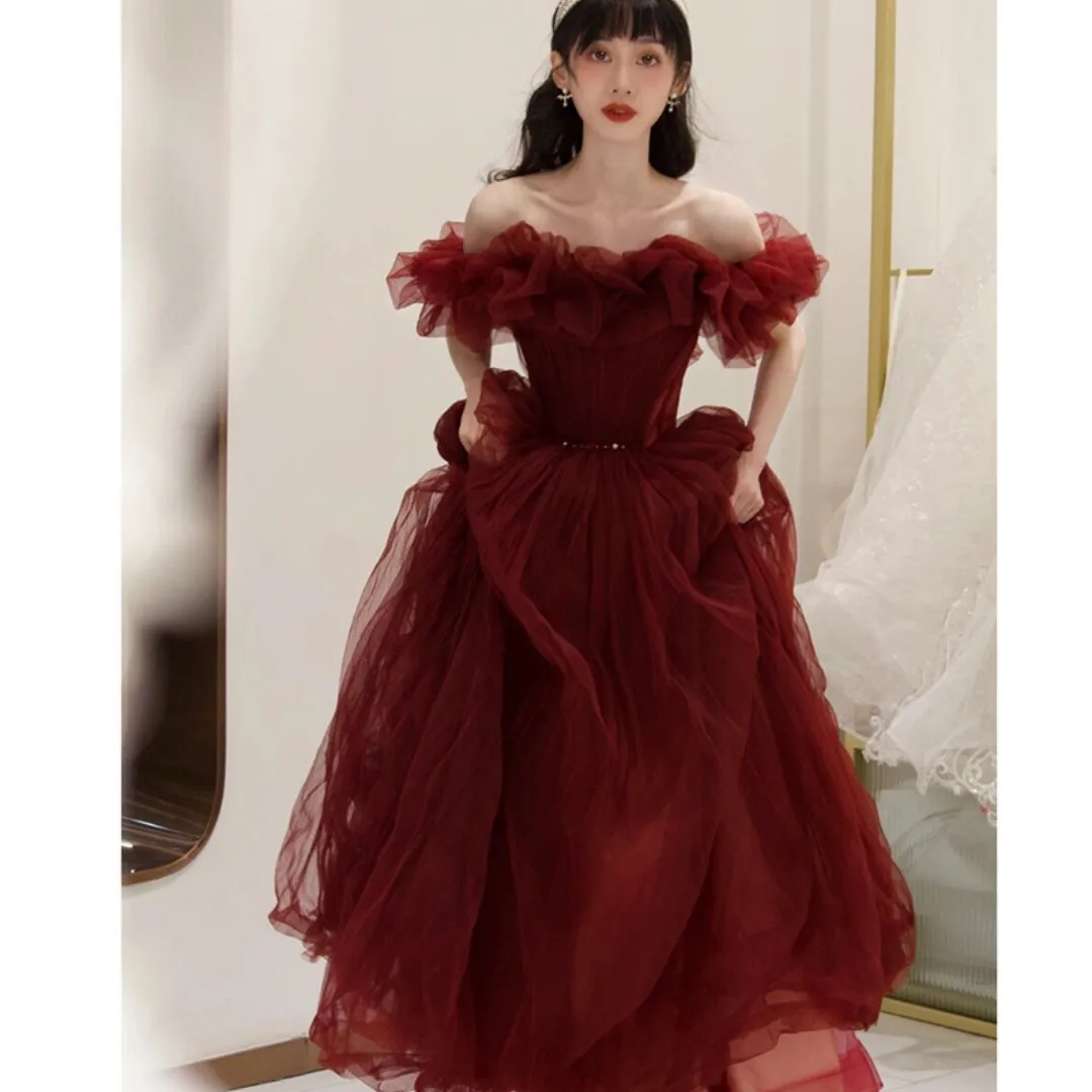 

Fairytale Strapless Prom Dresses Tulle Beaded Wrinkle Sweet Girls Wedding Party Sleeveless Off Shoulder Floor-Length 2023