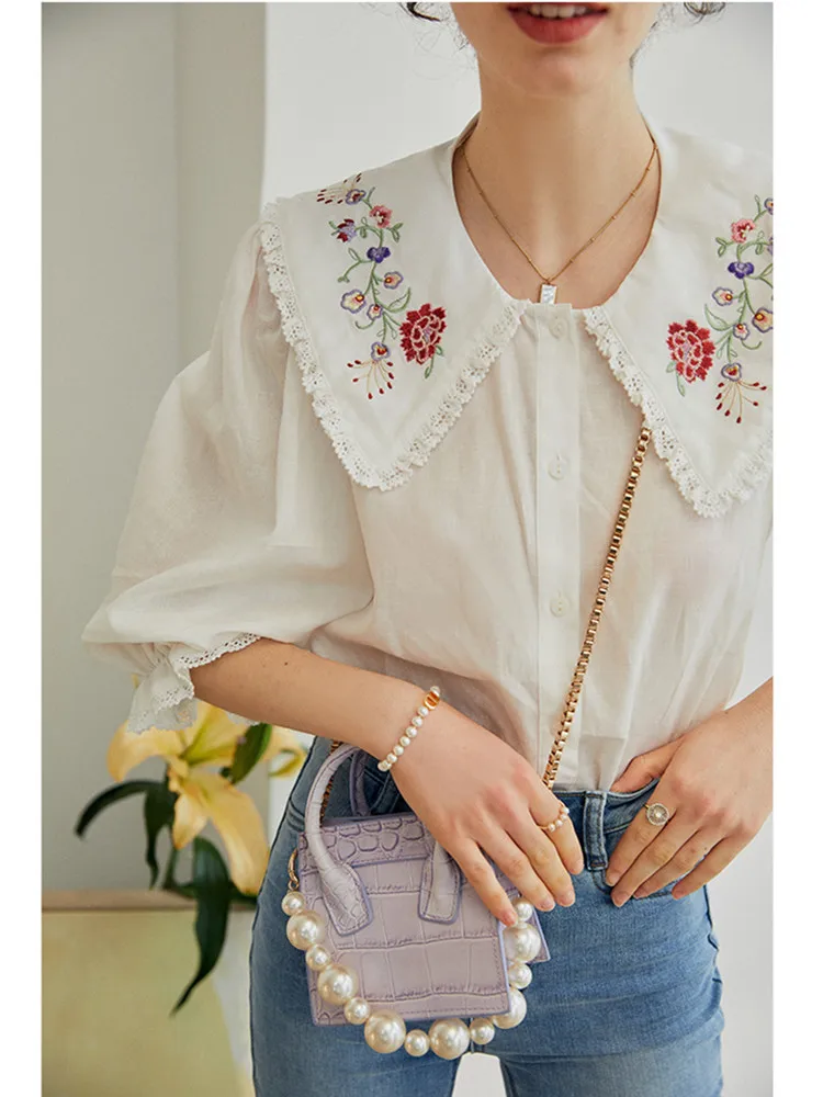 

Embroidered Peter Pan Collar Shirt Women 2022 Spring Summer Sweet Lace Trim Ladies White Single Breasted Blouse