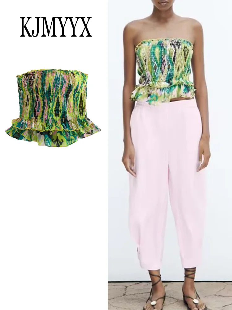 

Кроп-топ с оборками KJMYYX, летний женский зеленый фототоп без бретелек, женский сексуальный фототоп