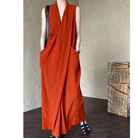 2025 женское летнее свободное винтажное длинное платье без рукавов с v-образным вырезом и карманом, элегантное платье макси, Vestidos, одежда