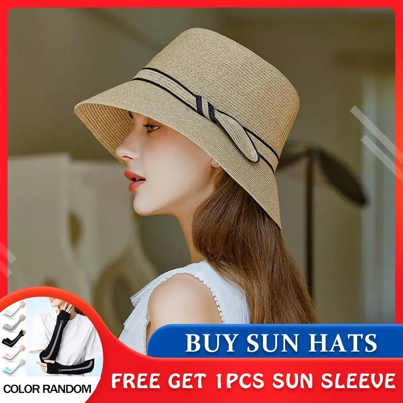 

[PTAH] Summer Hat Women Sun Straw Hats Wide Brim Roll-up Straw Lightweight Foldable Beach Caps Breathable Sun Protection Visors