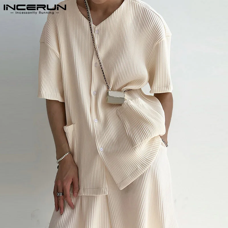

Fashion Men Sets Solid Color Folds V Neck Short Sleeve Shirt & Shorts Two Pieces Streetwear 2022 Men Casual Suits S-5XL INCERUN