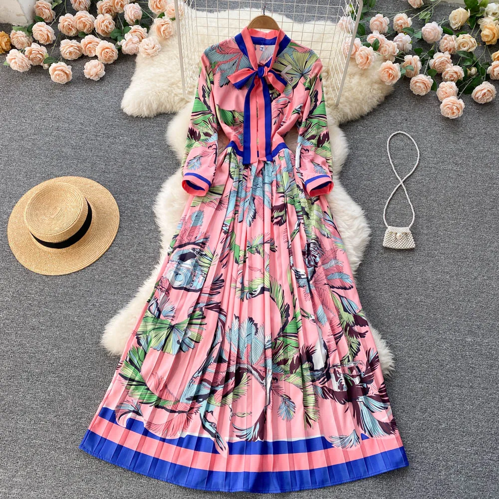 

2022 Spring New Fashion Long Sleeve Lace Up Temperament Knee Length Dress Large Hem Pleated Dress Printed Dress Fashion