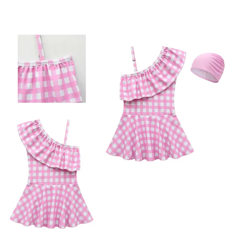 

Kids/Children Barbier Cosplay Costume Girls Pink Plaid Swimsuits Caps Hats Full Set Swimwear Outfits Halloween Party Suit