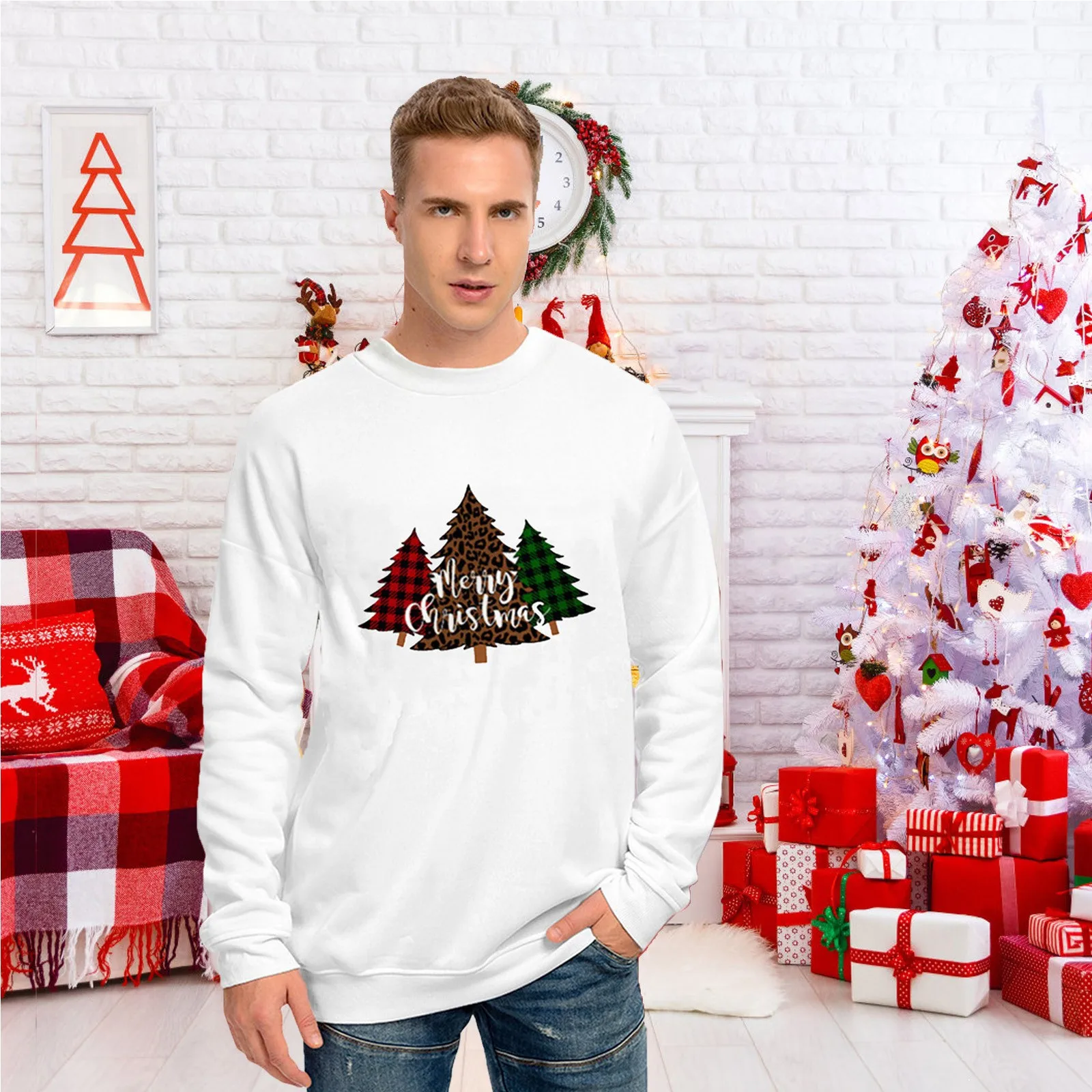 

Мужская Рождественская Толстовка с принтом, повседневный пуловер с воротником под горло, Толстовка С Карманами, короткий вязаный Топ с коро...