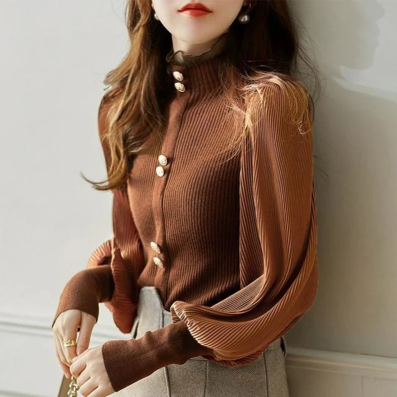 

Autumn Elegant Chiffon Patchwork Turtleneck Sweater Women 2023 Winter New Knitted Tops Long Sleeve Pullovers Femme