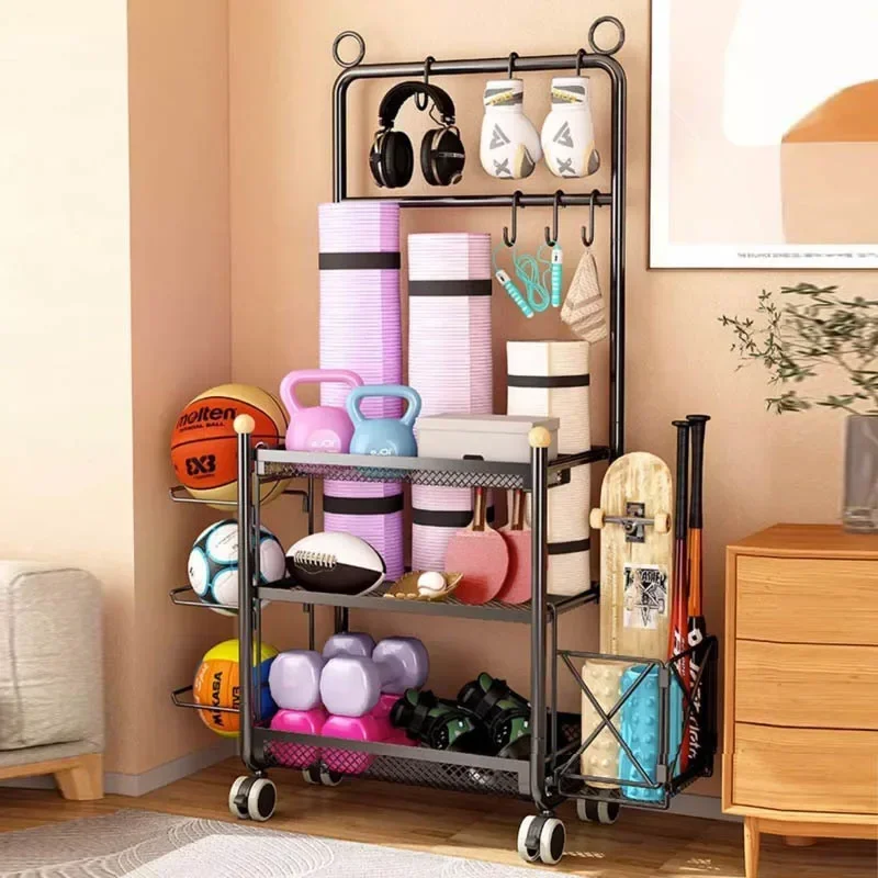 

Sports Fitness Equipment Storage Rack Large Capacity Home Wheeled Movable Yoga Mat Basket Indoor Badminton Ball Organization