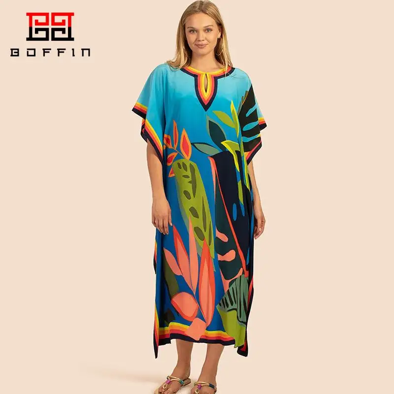 

Boffin Women Printed Beach Cover Up 2023 Summer Fashion Bohemian Dresses Loose Beachwear Cover Up Swimsuit Cape Dress