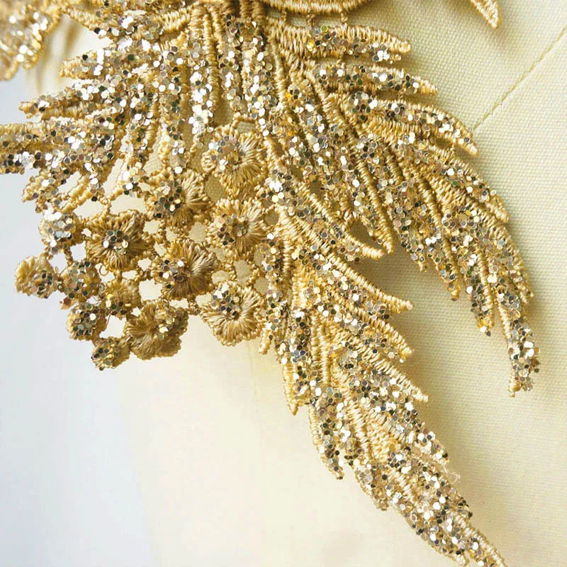 2Pcs Rhinestones Sequin Embroidered Lace Applique Sewing Flower Fabric Patch For Wedding Gown Bridal Dress Clothes DIY Crafts - купить по