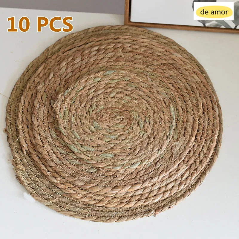 10pcs Placemat DiningTable Mat handmade Round Woven Rattan Cucurbit, Water Gourd hyacinth Placemat Round Pad Straw Cup Coaster