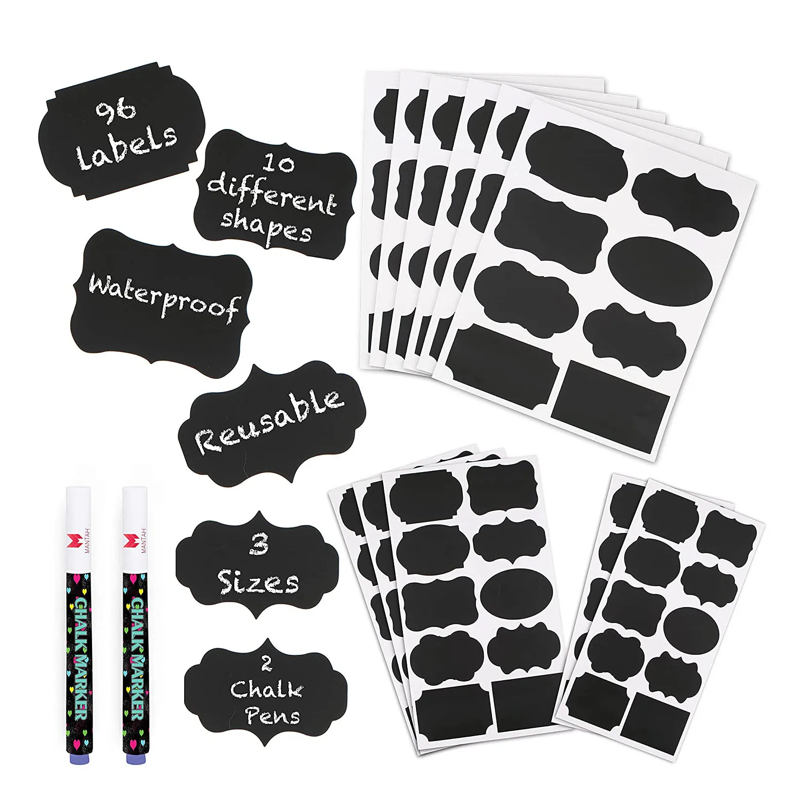 

Chalkboard Label Stickers 96pcs - 9 Assorted Shapes in 3 sizes with 2 Erasable White Chalk Marker, Reusable Waterproof Labels