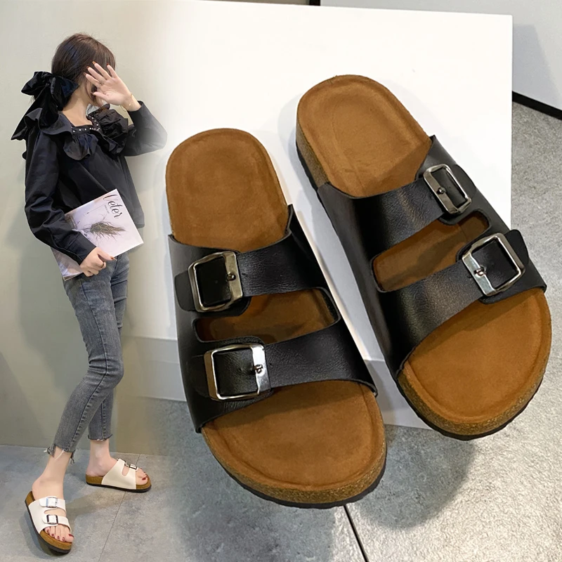 

New woman PU Leather Mule Clogs Slippers High Quality Soft Cork Two Buckle Slides Footwear For Female