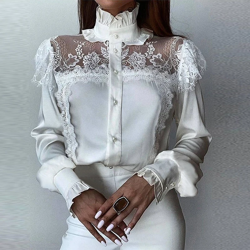 

Women Long Sleeve 2023 Shirt Luxury Fall Lace Mesh Patchwork Princess Shirt and Blouses Chic Turtleneck Transparent Tops Blouse