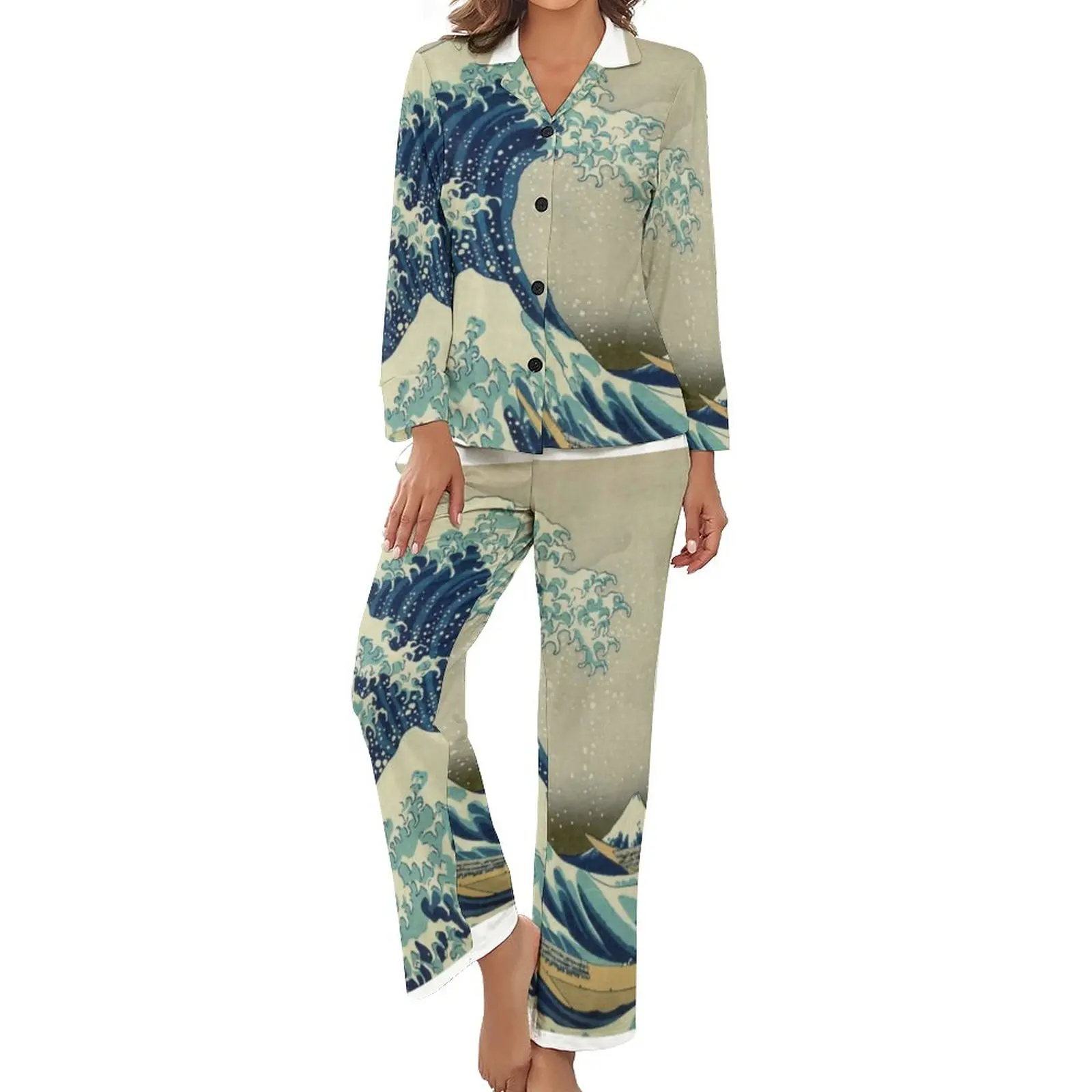

Mountains Pajamas The Great Wave Off Kanagawa Aesthetic V Neck Home Suit Women 2 Pieces Pattern Long Sleeves Kawaii Pajama Set