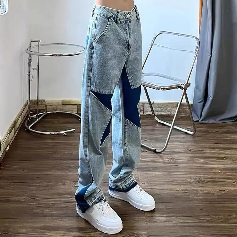 

American Hip Hop Pentagram Stitching Jeans Men Women 2022 Summer New High Street Retro Washed Loose Straight Pants Tide