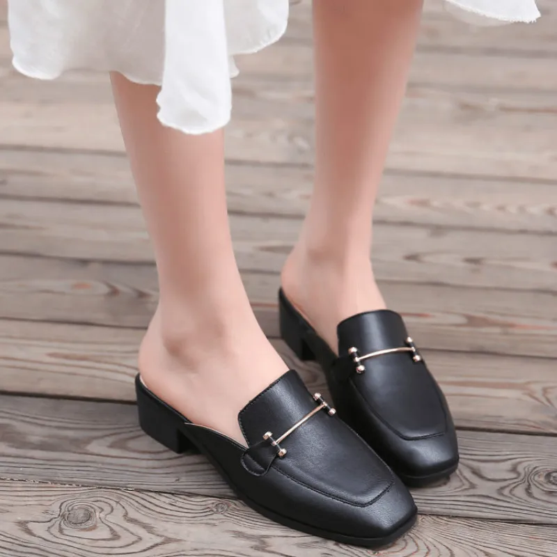 

Women Mules Shoes Square Toe Black Leather Slippers Low Heels Ladies Slides Outside Spring Womens Shoes Zapatos De Mujer JJ123