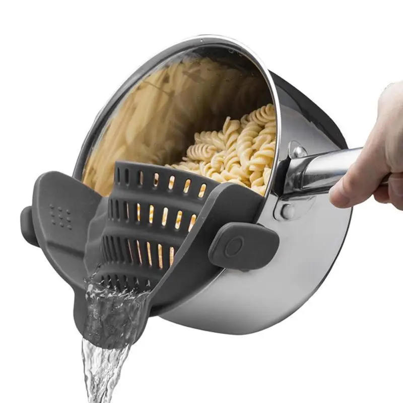 Kitchen Silicone Strainer Clip Pan Drain Rack Bowl Funnel Rice Pasta Vegetable Washing Colander Draining Excess Liquid Tools