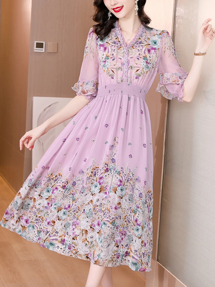 

Женское шелковое платье с оборками, длинное розовое шелковое платье с высокой талией и V-образным вырезом, лето 2023