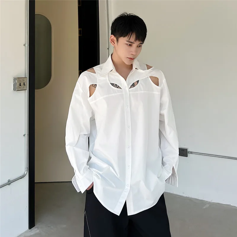 Рубашка мужская с длинным рукавом свободная повседневная вырезами на плечах