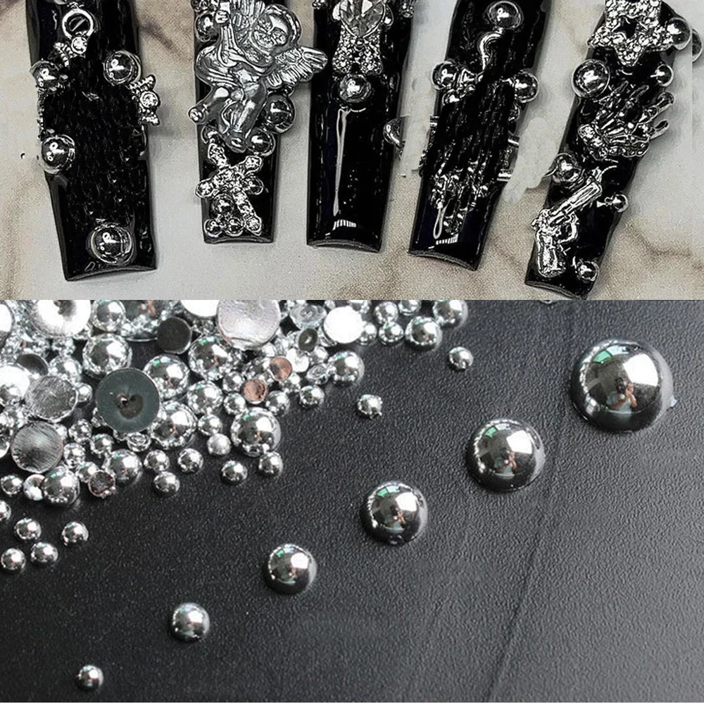 

100pcs 3D Gothic Design Nail Pearl Charm,Punk Style Mineral Silver Half Round Pearl for Nails Tips,DIY Nail Art Gothic Supplies