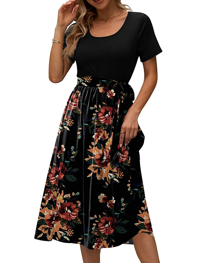 

Summer Women Casual High Waist Patchwork A-Line Dress O-Neck Lace-Up Printed Dress Elegant Short Sleeve Splice Office Lady Dress