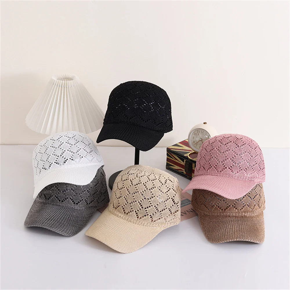 

Summer Mesh Knitted Baseball Cap Women Fashion Hollowed Adjustable Hat Breathable Outdoor Sun Protection Girl Retro Snap Back