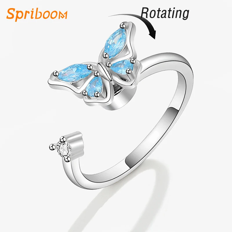 

Blue Crystal Butterfly Anxiety Rings for Women Teen Jewelry Gift Rotatable Zircon Bague Luxury Spin Rotating Ring Fidget Anillos