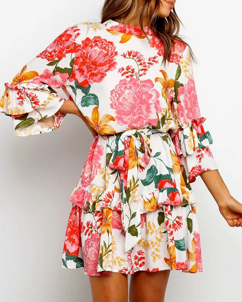 

2023 Fashion New Women's Print Round Neck Long-sleeved Laced Dress